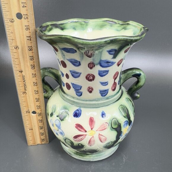 Vintage Japanese Ceramic Vase With Handles Vessel With Majolica Floral Pattern - Picture 2 of 16